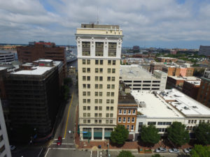 An aerial image of the front of the Royster Building.