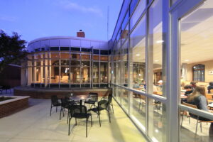 Elon University NC Dining Global Village exterior patio night